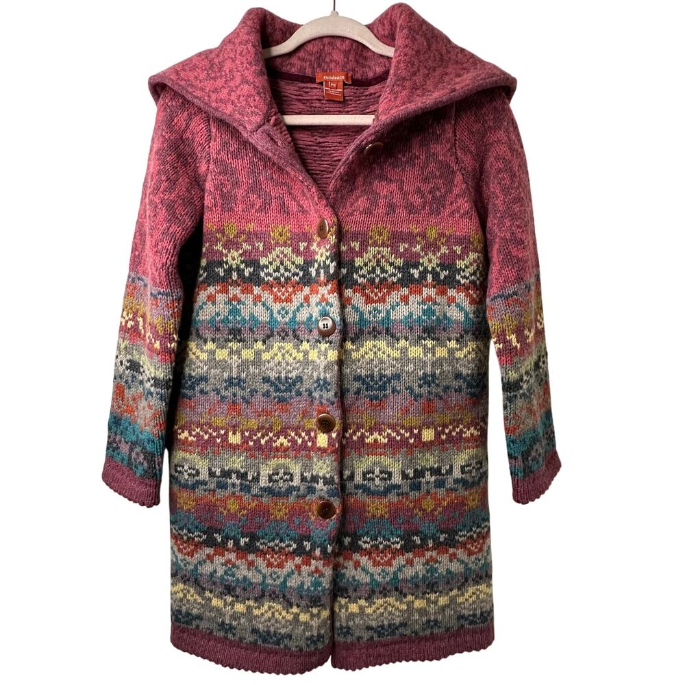 Sundance Long Maroon Multi-Color Patterned Cardigan Coat - Picture 2 of 10